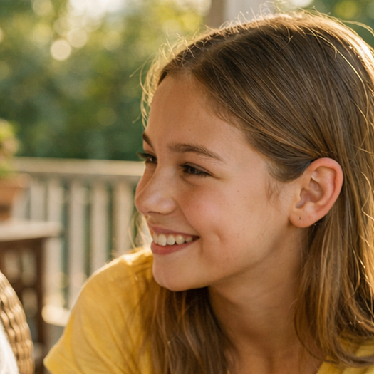 A curious child with bright eyes leaning forward in golden afternoon light