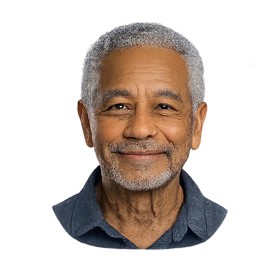 An elderly person with kind eyes, warm golden light on their face, about to tell a story